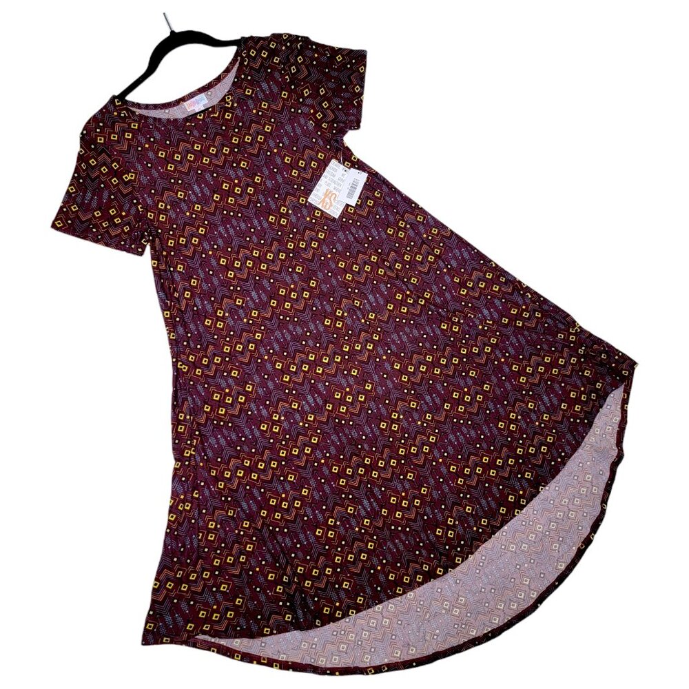 LuLaRoe Carly Dress XS Geometric Diamond Arrow Red Yellow High Low A-Line Swing